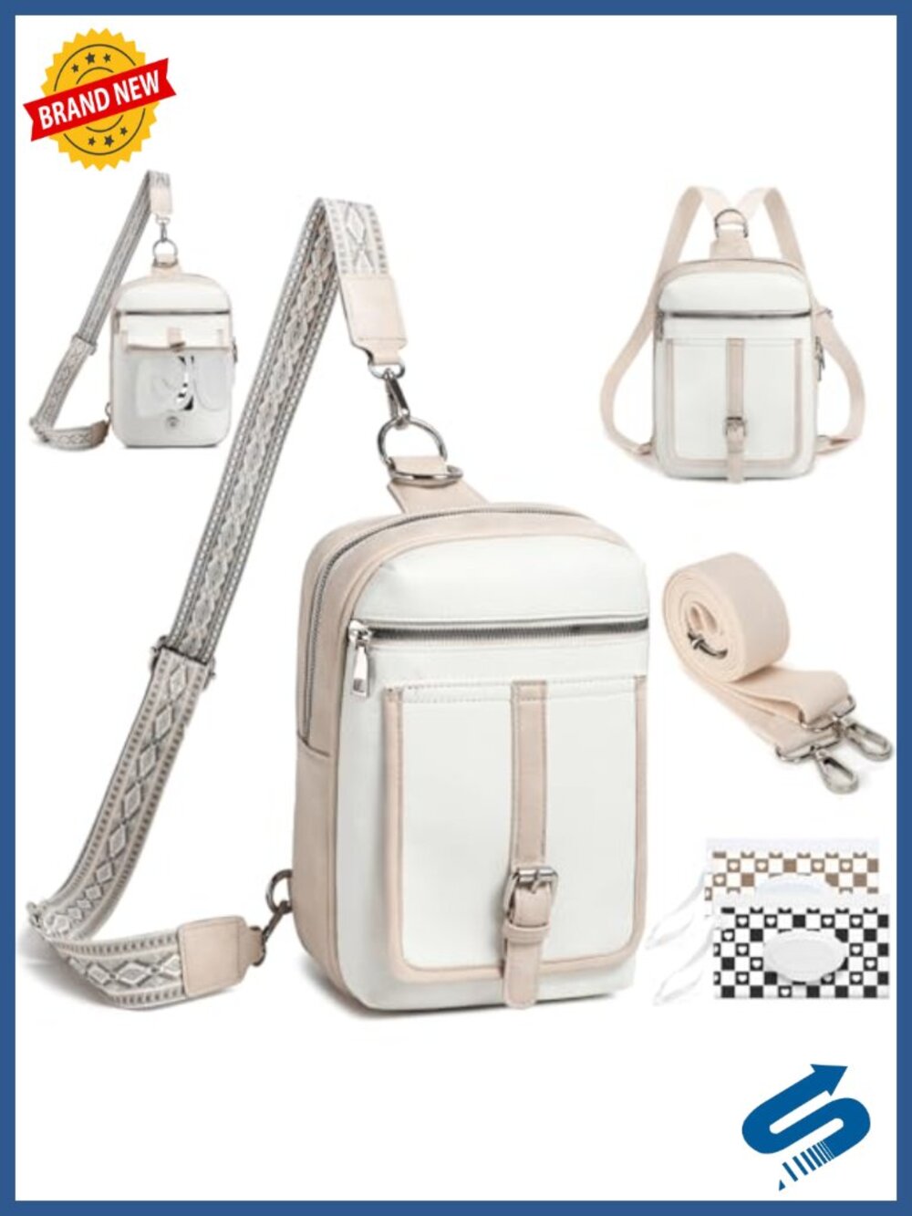 Mini Diaper Bag Crossbody Sling Purse - Vegan Leather Backpack with 2 Straps